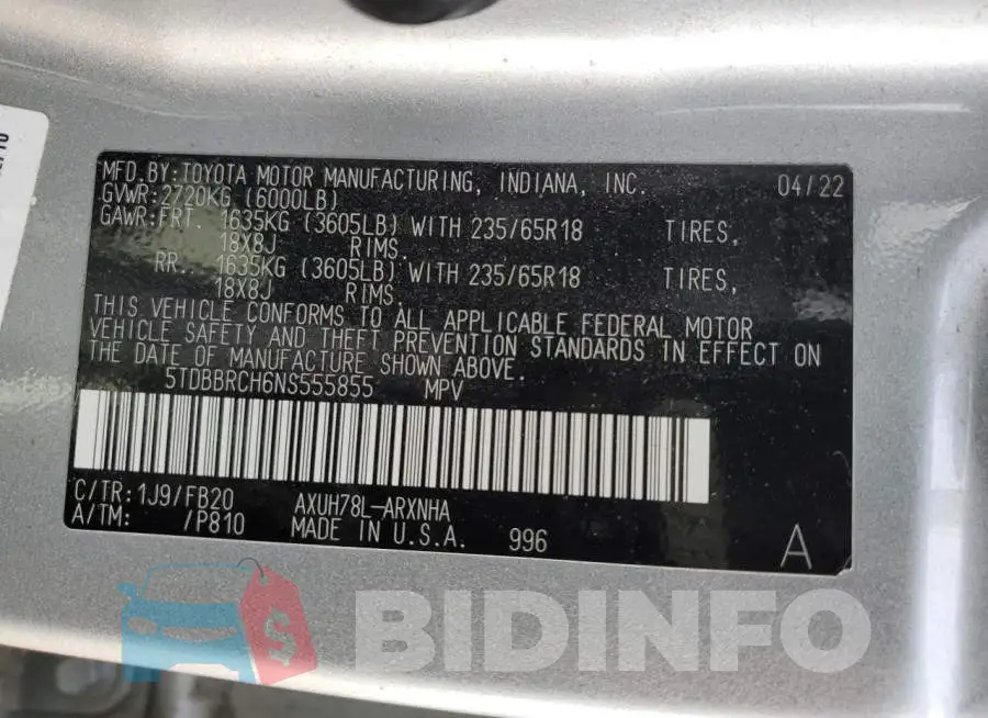 5TDBBRCH6NS555855 Photo# 13