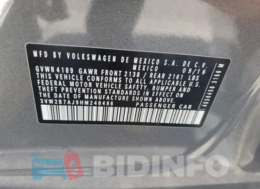 3VW2B7AJ9HM248496 Photo# 13