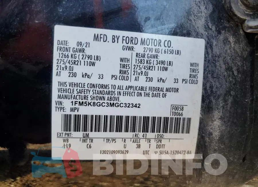 1FM5K8GC3MGC32342 Photo# 13