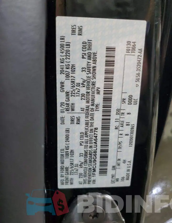 1FMCU9G68LUA64778 Photo# 14