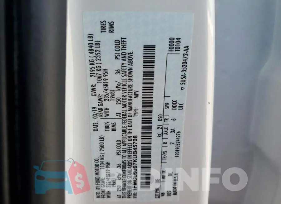 1FMCU9J97KUB45708 Photo# 13