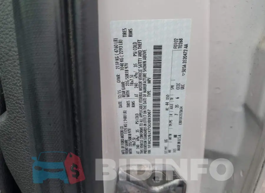 1FMCU9JX7GUB93067 Photo# 13