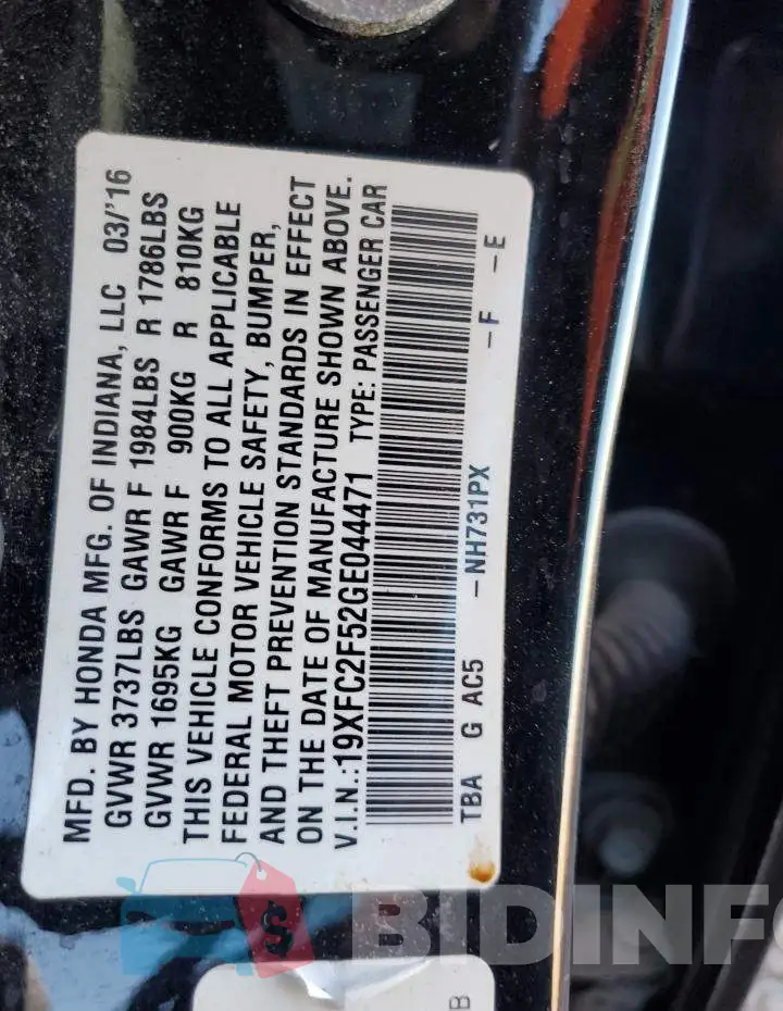 19XFC2F52GE044471 Photo# 13