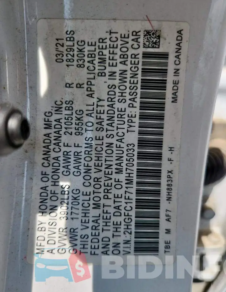 2HGFC1F71MH705033 Photo# 13