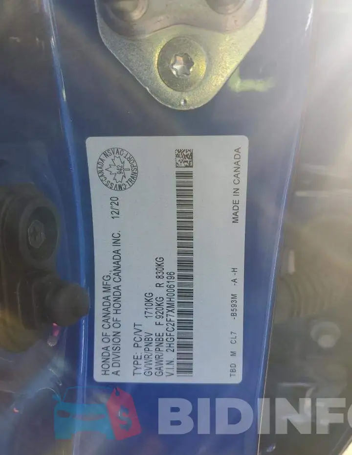 2HGFC2F7XMH006196 Photo# 12
