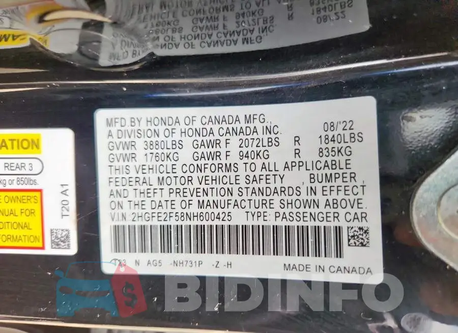 2HGFE2F58NH600425 Photo# 12