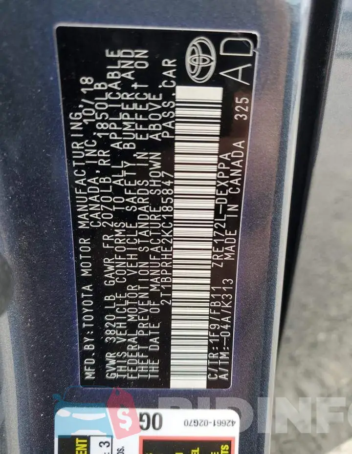 2T1BPRHE2KC185847 Photo# 12
