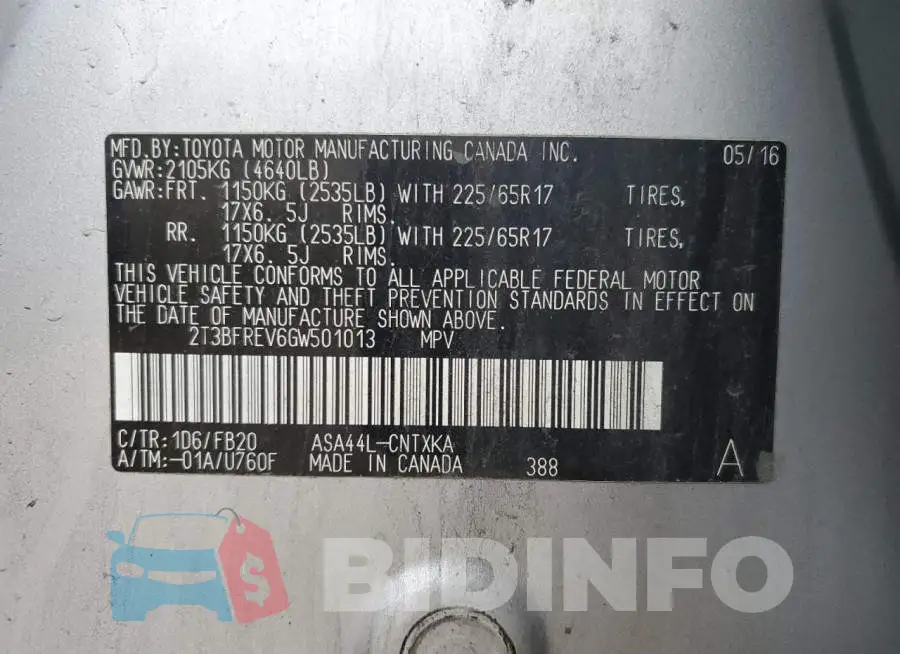 2T3BFREV6GW501013 Photo# 13
