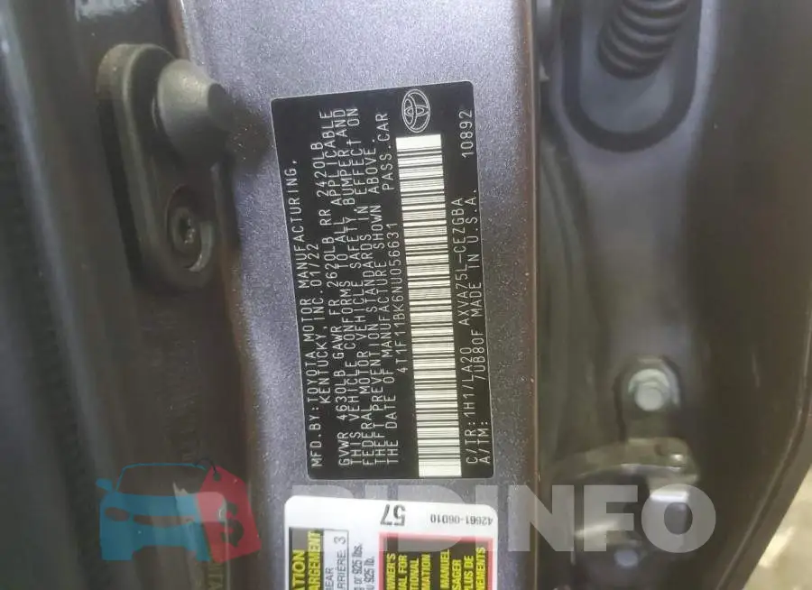 4T1F11BK6NU056631 Photo# 12