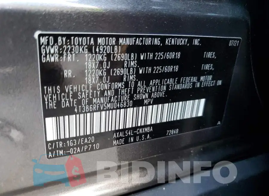 4T3B6RFV5MU046830 Photo# 13