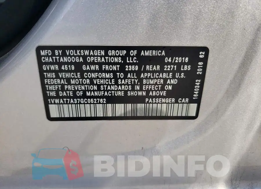 1VWAT7A37GC052762 Photo# 12