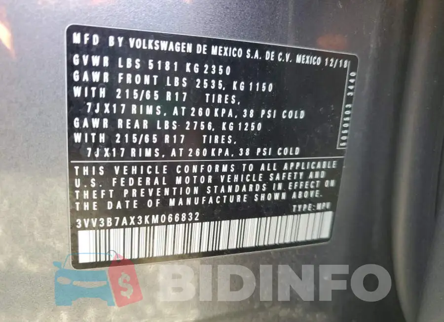 3VV3B7AX3KM066832 Photo# 13