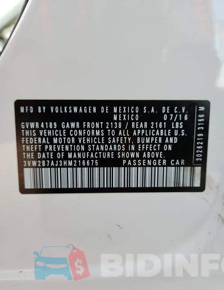 3VW2B7AJ3HM216675 Photo# 13