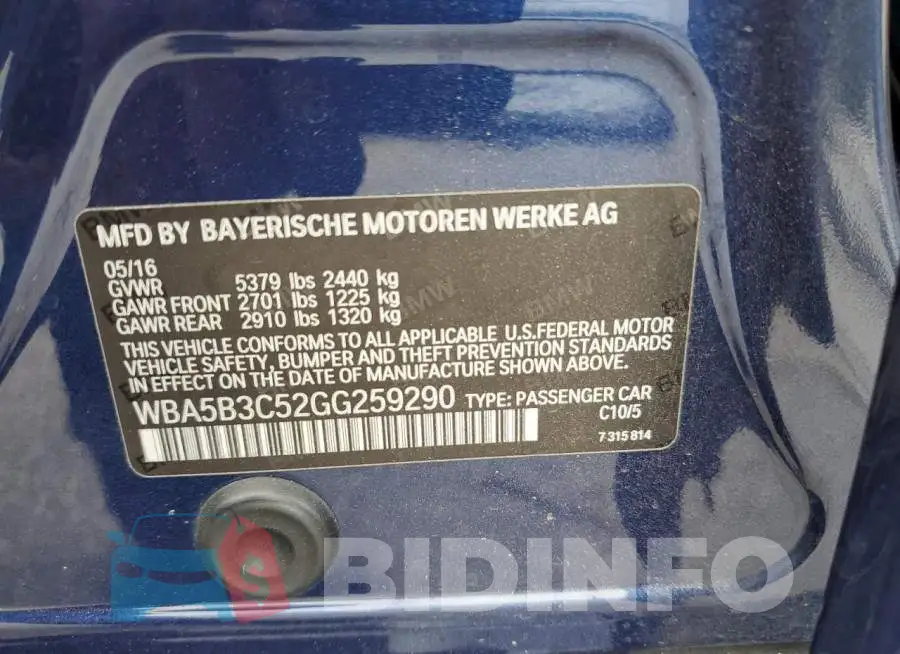 WBA5B3C52GG259290 Photo# 12