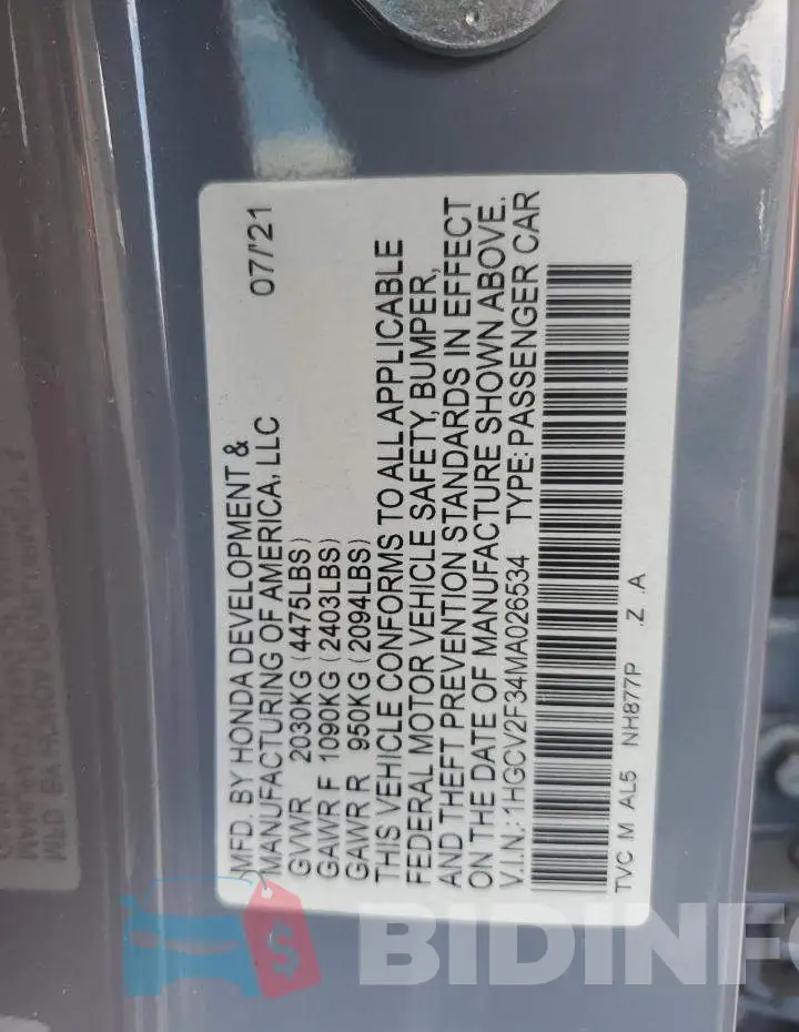 1HGCV2F34MA026534 Photo# 12