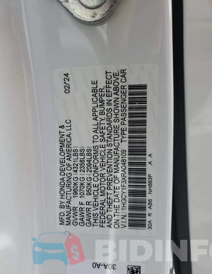 1HGCY1F3XRA048109 Photo# 12