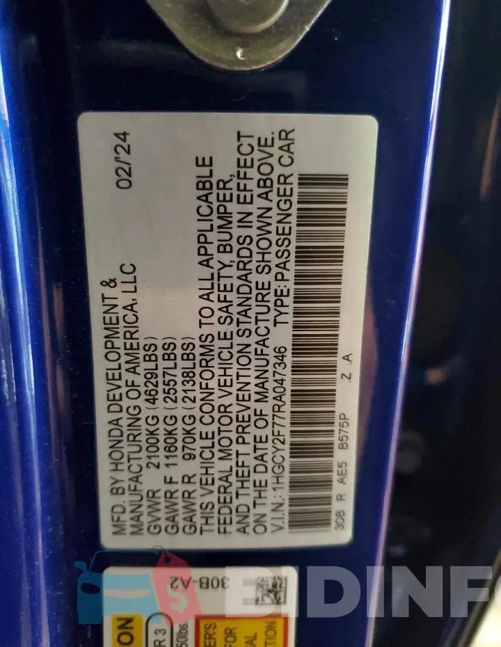 1HGCY2F77RA047346 Photo# 12