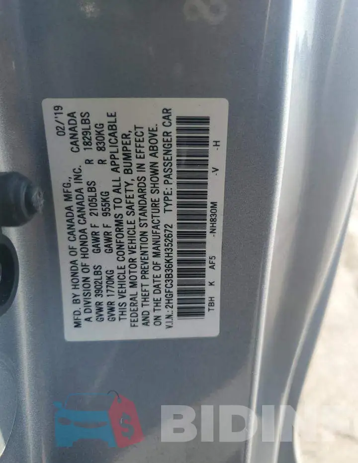2HGFC3B36KH352672 Photo# 12