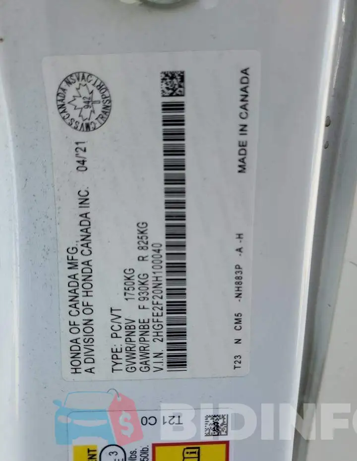 2HGFE2F20NH100040 Photo# 13