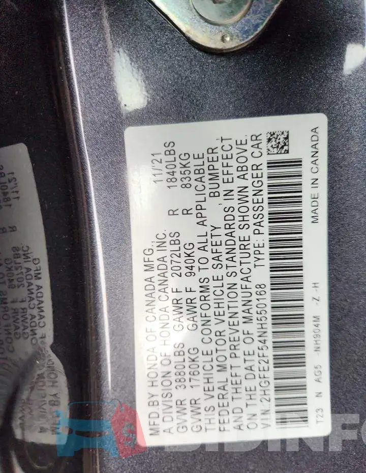 2HGFE2F54NH550168 Photo# 13