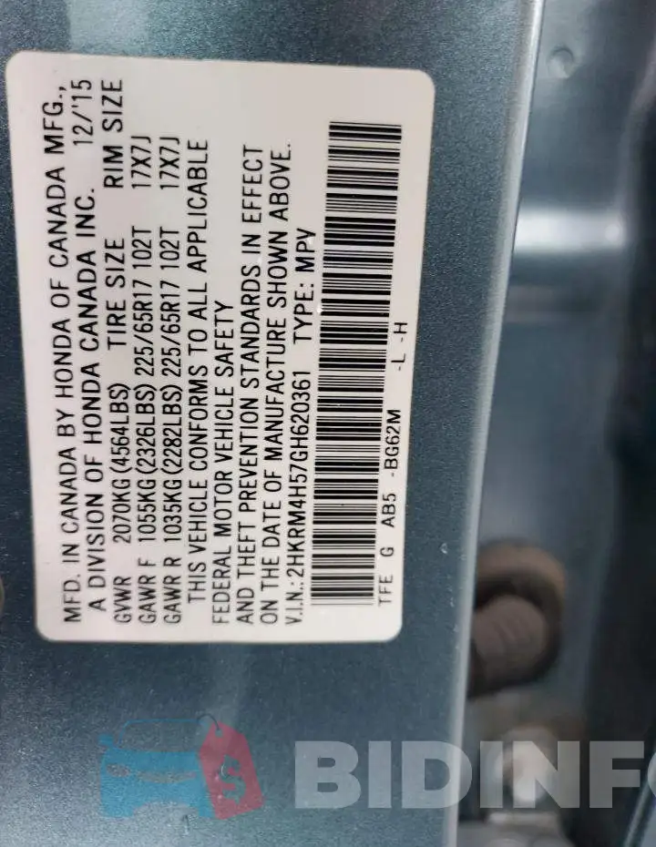 2HKRM4H57GH620361 Photo# 12
