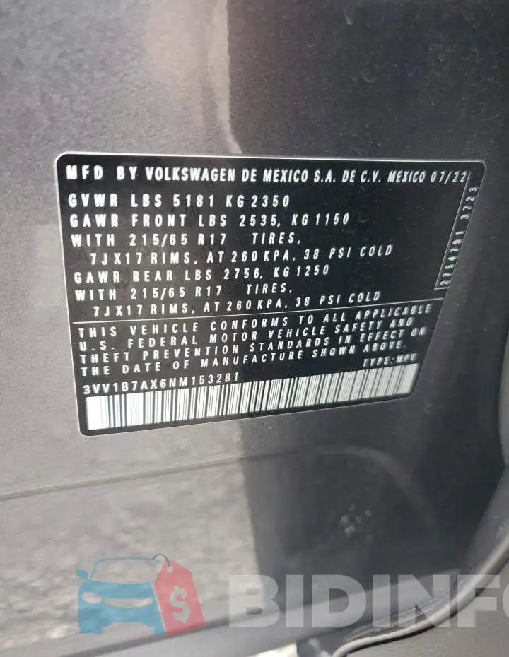 3VV1B7AX6NM153281 Photo# 13
