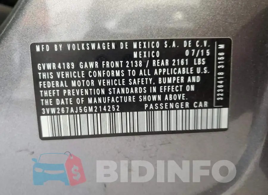 3VW267AJ5GM214252 Photo# 12