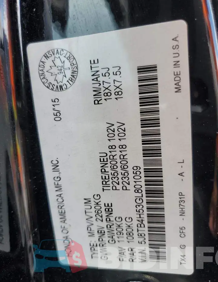 5J8TB4H53GL801059 Photo# 14