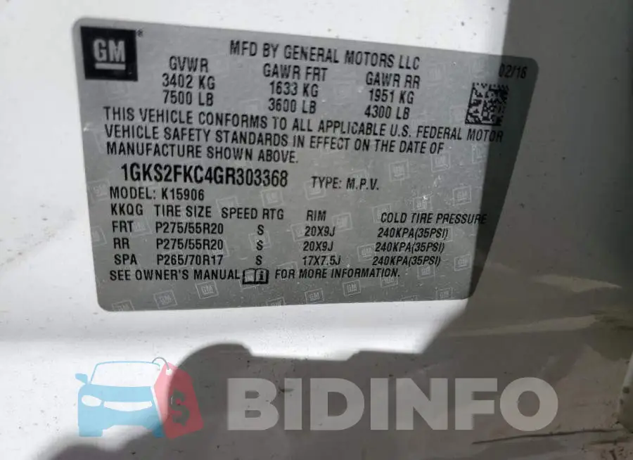 1GKS2FKC4GR303368 Photo# 13