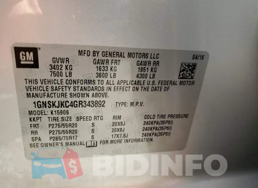 1GNSKJKC4GR343892 Photo# 14
