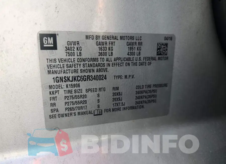 1GNSKJKC6GR340024 Photo# 13