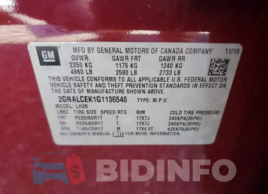 2GNALCEK1G1136540 Photo# 13