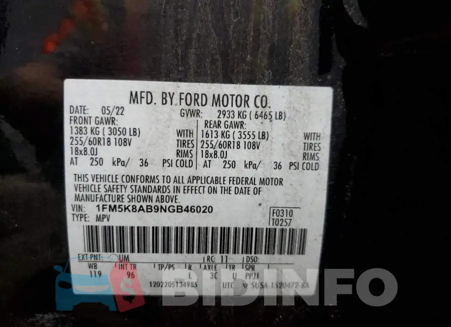 1FM5K8AB9NGB46020 Photo# 14