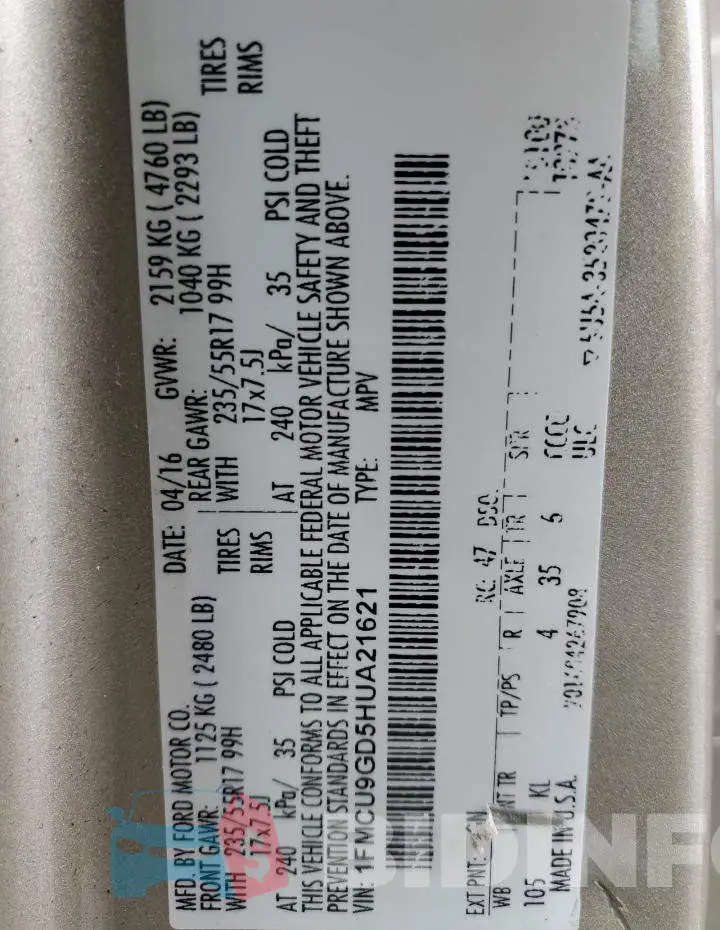 1FMCU9GD5HUA21621 Photo# 13
