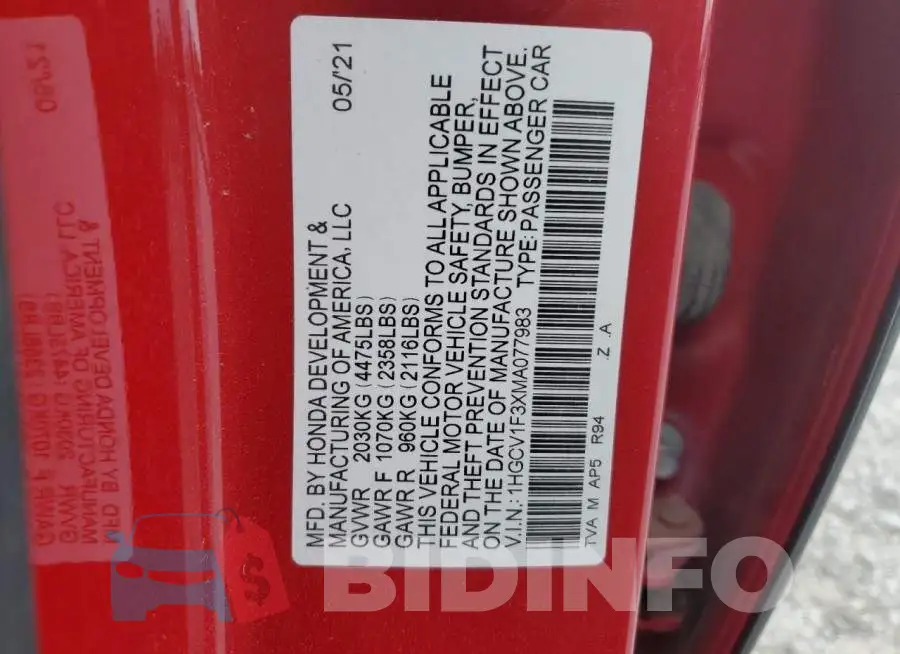 1HGCV1F3XMA077983 Photo# 12