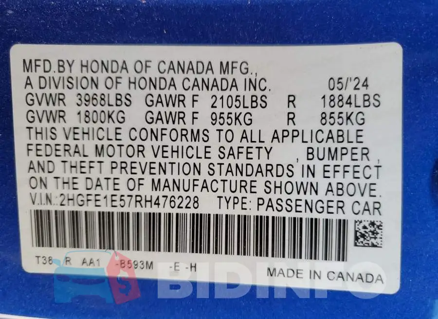 2HGFE1E57RH476228 Photo# 12