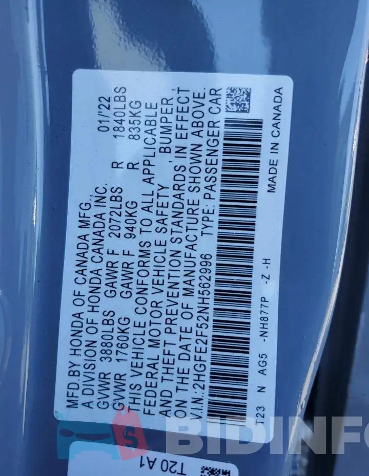 2HGFE2F52NH562996 Photo# 12