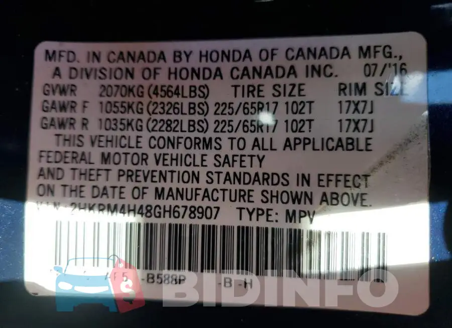 2HKRM4H48GH678907 Photo# 12