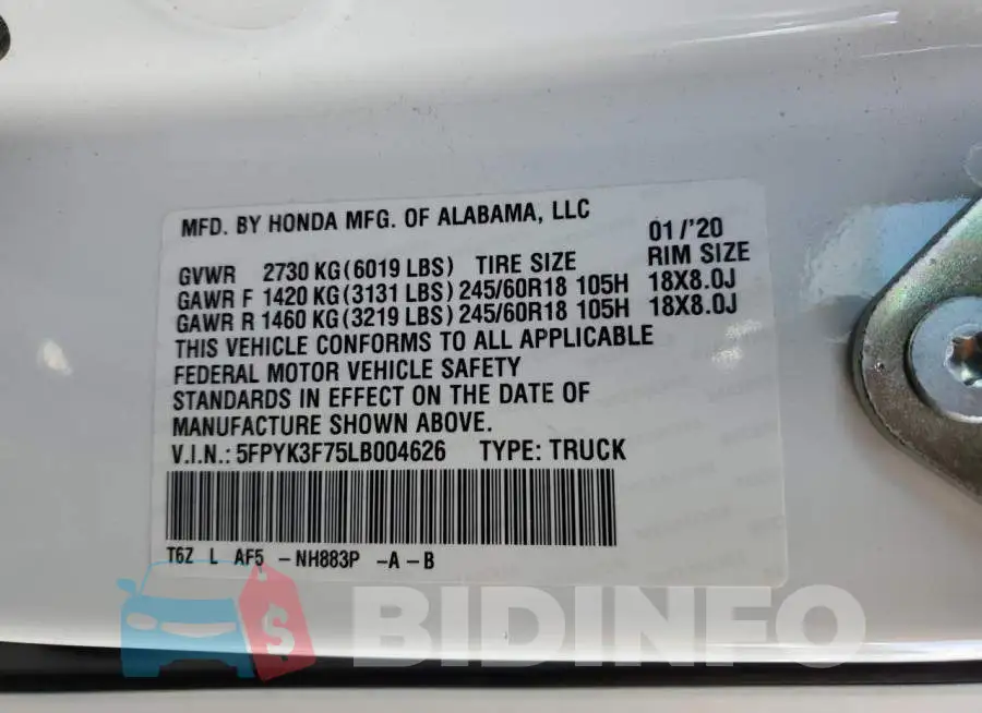 5FPYK3F75LB004626 Photo# 12