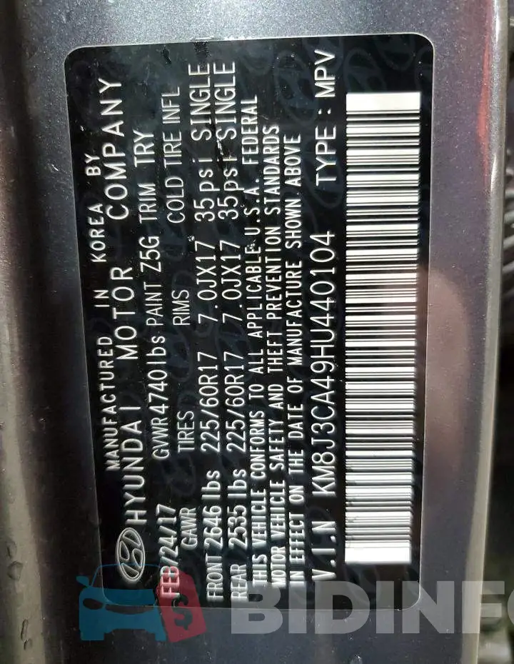 KM8J3CA49HU440104 Photo# 13