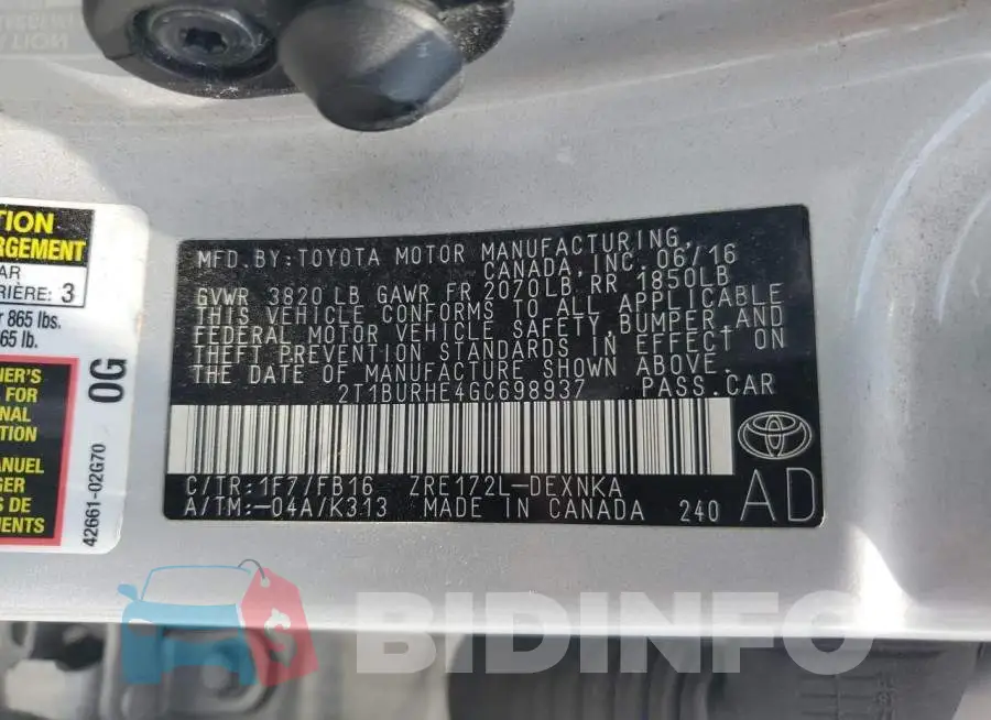 2T1BURHE4GC698937 Photo# 13