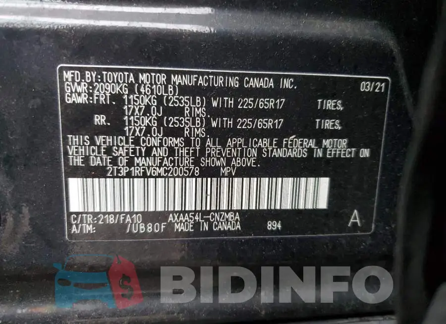 2T3P1RFV6MC200578 Photo# 13