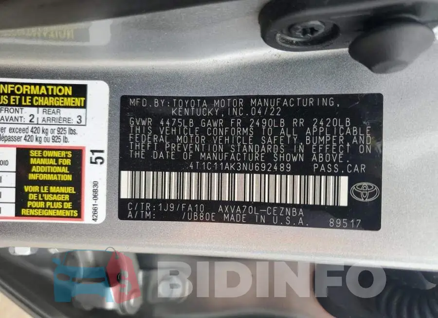 4T1C11AK3NU692489 Photo# 12