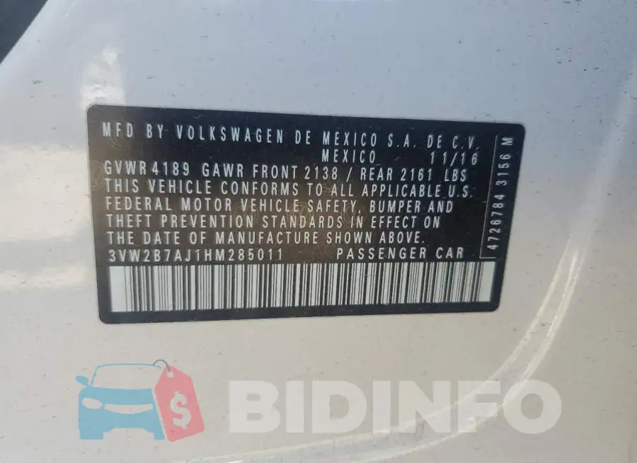3VW2B7AJ1HM285011 Photo# 13