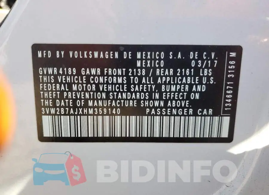 3VW2B7AJXHM359140 Photo# 13