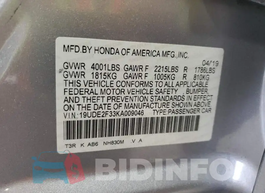 19UDE2F33KA009046 Photo# 12