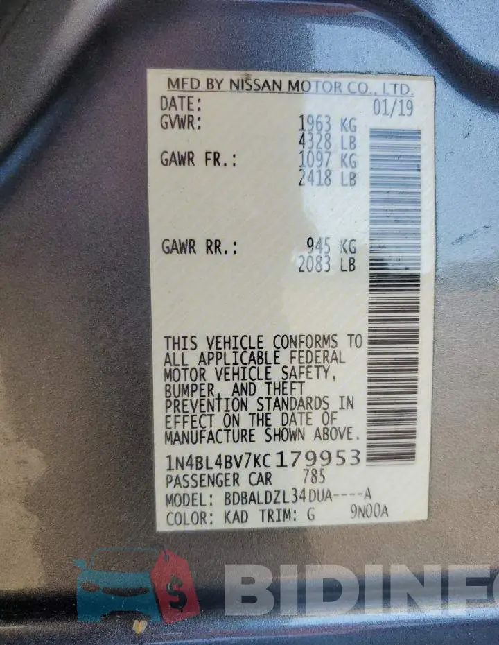 1N4BL4BV7KC179953 Photo# 12