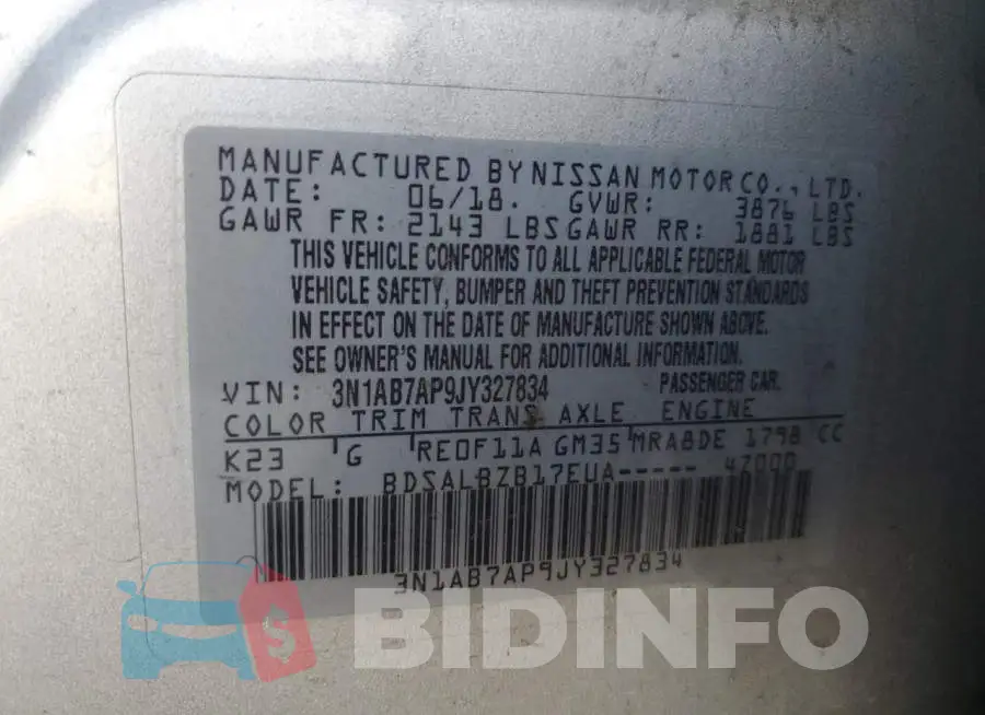 3N1AB7AP9JY327834 Photo# 12