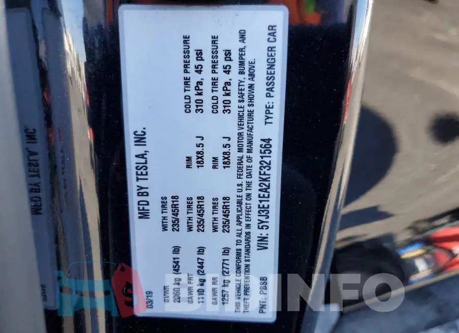 5YJ3E1EA2KF321564 Photo# 12