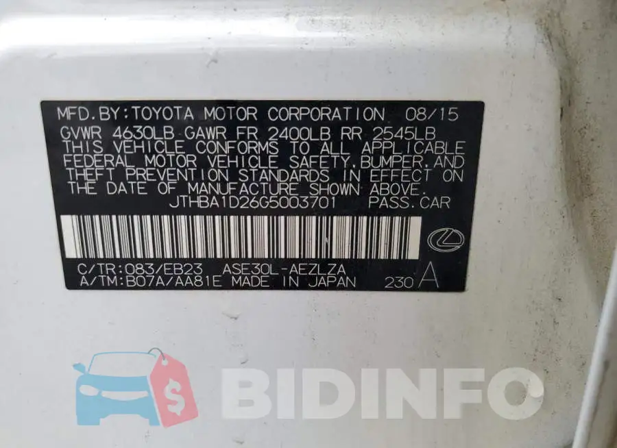 JTHBA1D26G5003701 Photo# 12
